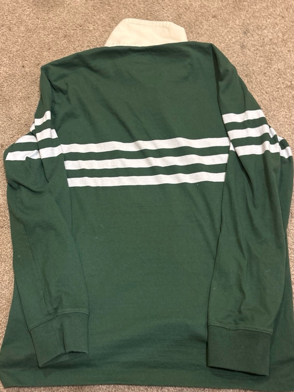 Lands' End Forest Green Rugby Shirt with White Stripes and Cream Collar - Picture 3 of 3